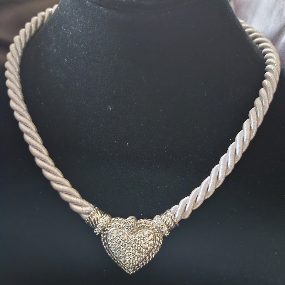 Judith Ripka sterling silver cz heart pendant with soft silver rope neclace.